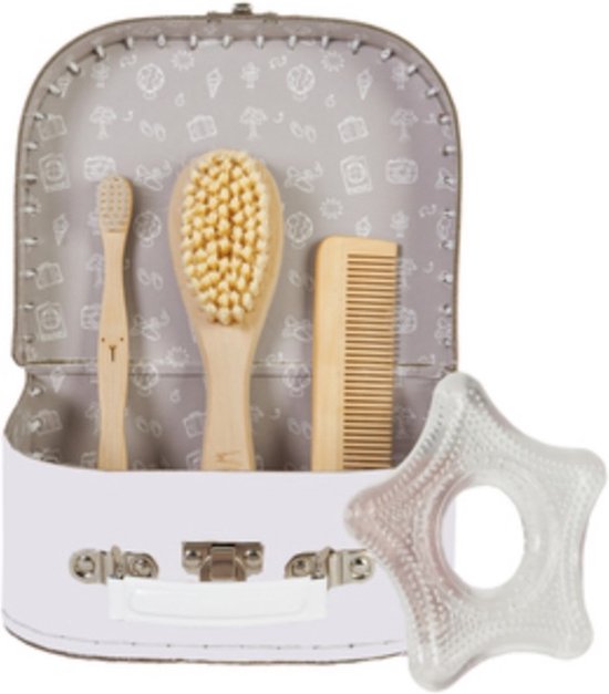 BamBam Cadeaukoffer Stay Time Roestbruin - Bijtring ster, Borsteltje & kam, Bamboe tandenborstel - Baby cadeau van BamBam