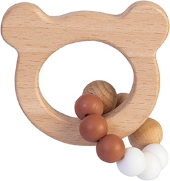BamBam Eco-vriendelijk houten Bijtring Beer met siliconen kralen - BPA vrij - Baby cadeau van BamBam
