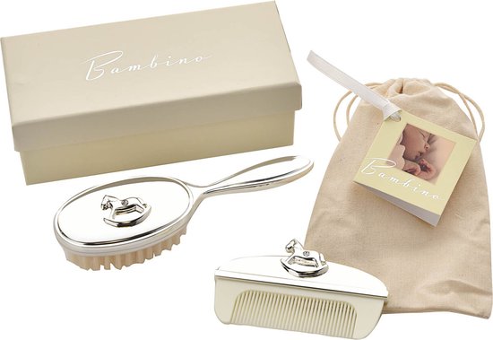 Bambino - Verzilverd baby kado - Borstel- en Kamset met Hobbelpaard Icoon - Silver Plated - babycadeau -doop - geboorte van Merkloos