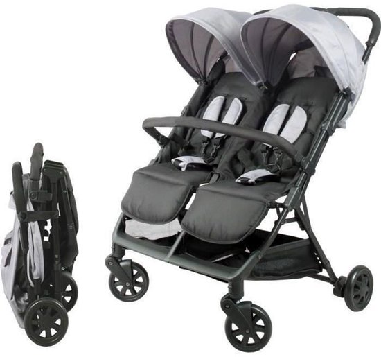 Bambisol - DS209 GRIS NOIR - Zij aan zij dubbele kinderwagen - Voor tweelingen vanaf de geboorte - Ultra-compact opvouwbaar - Zwart en grijs van Merkloos
