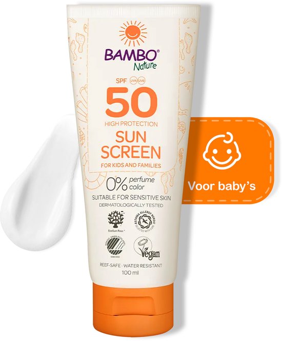 Bambo Nature Zonnebrandlotion - 50 SPF - Bescherming voor je kind en Hele Gezin - Waterafstotend, Geur- en Kleurstofvrij - Vegan & Dermatologisch Getest - 100 ML