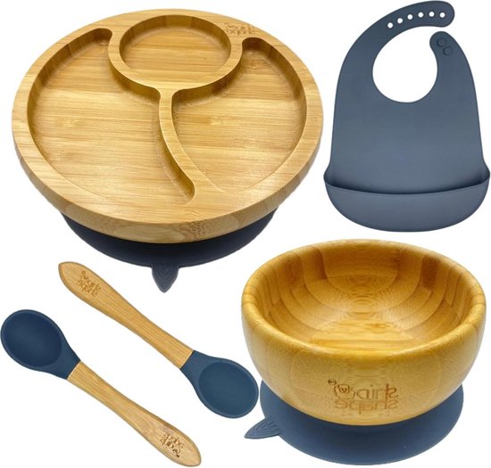 Bamboe babyvoedingset met zuignapborden kommen lepels slab speen | Peuter borden kommen set van AVANI


