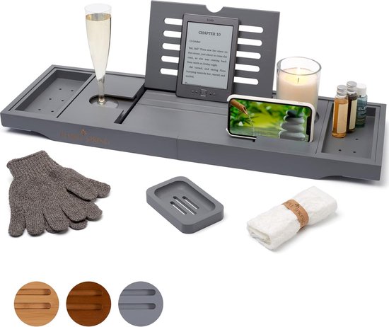 Bamboe badbak met kaars, wijnglas, boek, tablet, iPad en telefoonhouder, uitschuifbare badbak, houten badkuipbak, 100% bamboe (grijs) van Relaxbath