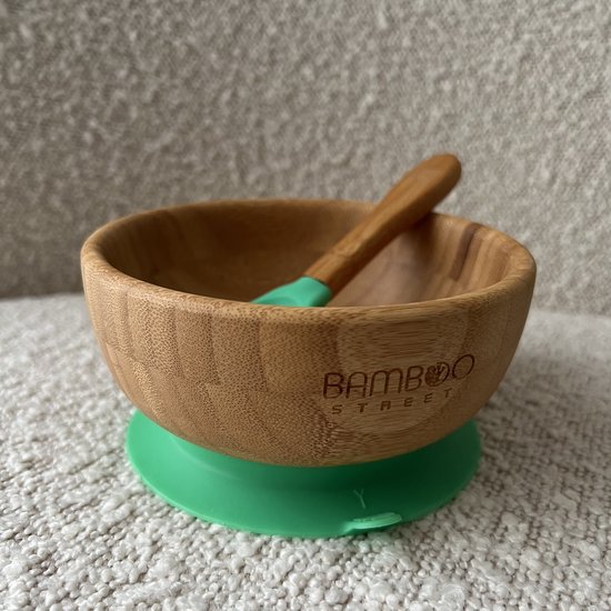 Bamboe Street bamboo bowl organisch bakje - Baby Cadeau - Kinderservies set - Zuignap - Kinderbord - Baby servies - Baby bestek - Melamine & BPA-vrij - Kraamcadeau - Babyshower cadeau - Baby - Geboorte Cadeau - zuignap - groen green - peuters van Bamboe Street
