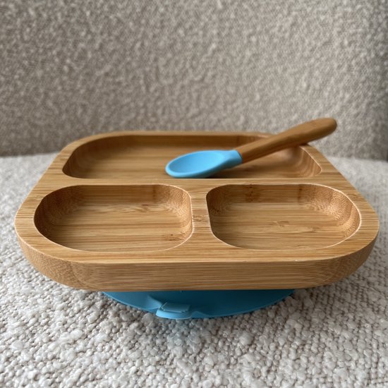 Bamboe Street bamboo organisch bordje - Baby Cadeau - Kinderservies set - Zuignap - Kinderbord - Baby servies - Baby bestek - Melamine & BPA-vrij - Kraamcadeau - Babyshower cadeau - Baby - Geboorte Cadeau - zuignap - milieuvriendelijk - Blue Blauw van Bamboe Street