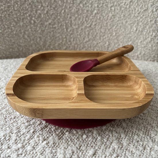 Bamboe Street bamboo organisch bordje - Baby Cadeau - Kinderservies set - Zuignap - Kinderbord - Baby servies - Baby bestek - Melamine & BPA-vrij - Kraamcadeau - Babyshower cadeau - Baby - Geboorte Cadeau - zuignap - milieuvriendelijk - bordeaux rood van Bamboe Street