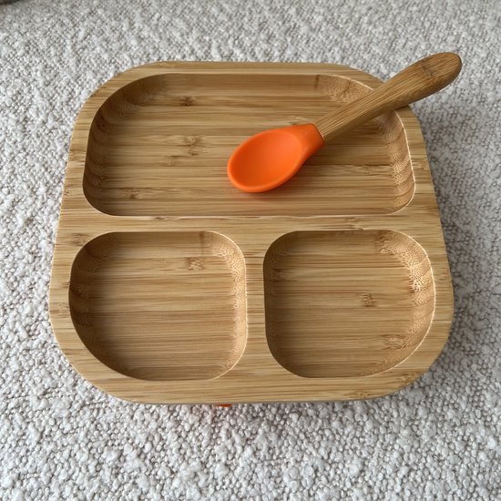 Bamboe Street bamboo organisch bordje - Baby Cadeau - Kinderservies set - Zuignap - Kinderbord - Baby servies - Baby bestek - Melamine & BPA-vrij - Kraamcadeau - Babyshower cadeau - Baby - Geboorte Cadeau - zuignap - milieuvriendelijk - Orange Oranje van Bamboe Street