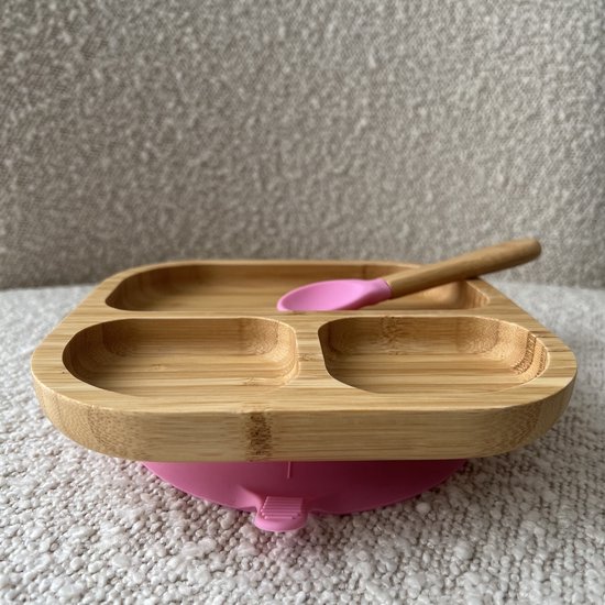 Bamboe Street bamboo organisch bordje - Baby Cadeau - Kinderservies set - Zuignap - Kinderbord - Baby servies - Baby bestek - Melamine & BPA-vrij - Kraamcadeau - Babyshower cadeau - Baby - Geboorte Cadeau - zuignap - milieuvriendelijk - Roze Pink van Bamboe Street