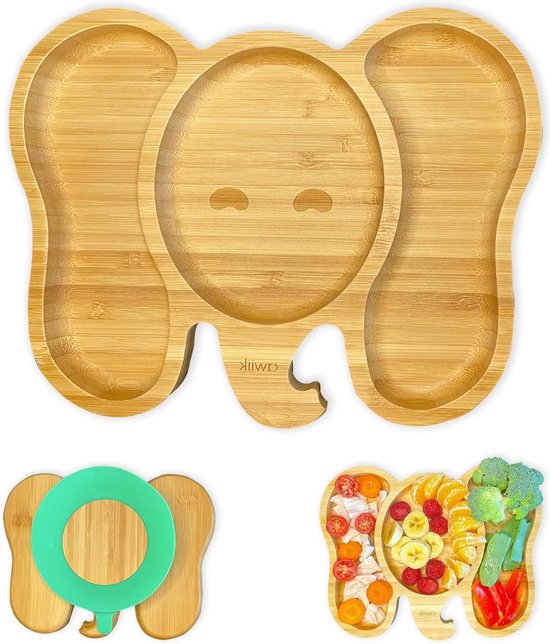 Bamboe zuigbord voor baby's en peuters - antislip BLW-bord met zuignap en kantelbescherming (olifant groen) van Alecto Kids