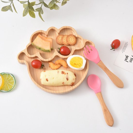Bamboo bord set - schaap - kinderservies - zuignap – bestekset van Merkloos