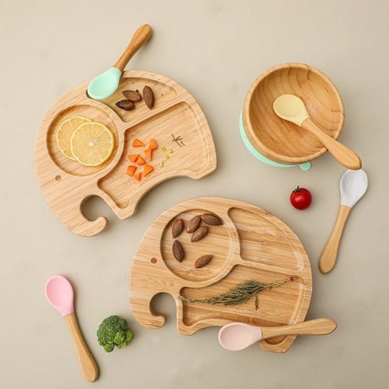 Bamboo bord set - twee kleine olifanten- kinderservies - zuignap – bestekset van Merkloos