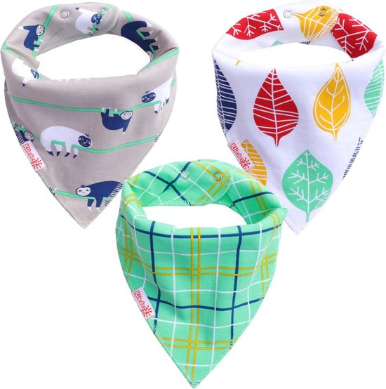 Bandana slabbetjes baby KliederZ - Stoere kwijlslabben Jongens - 3 stuks Puntslabbers Luiaard Schotse ruit groene print - BB06a van KliederZ
