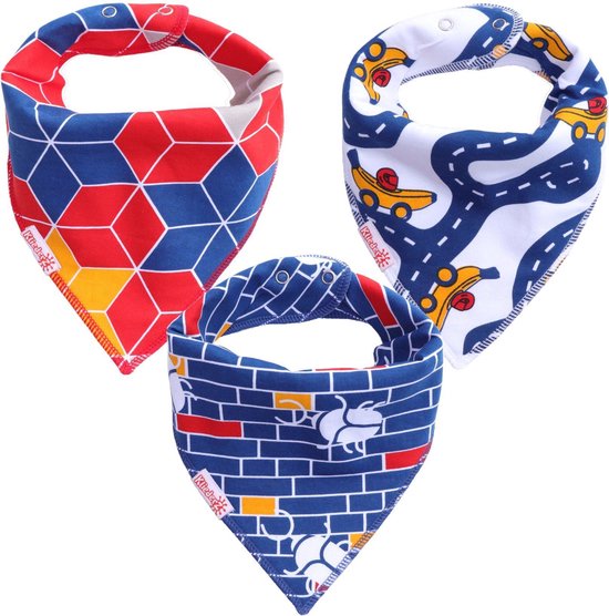 Bandana slabbetjes baby KliederZ | Stoere kwijlslabben Jongens | 3 stuks Puntslabbers Racing bananas blauwe print print | BB06b van $