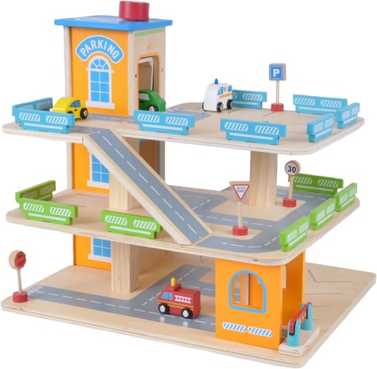 Bandits & Angels Houten Speelgoedgarage Bandits Parking Experience met 3 Verdiepingen en Lift - Inclusief 4 Auto's - Speelgoed Auto Garage Hout van Merkloos