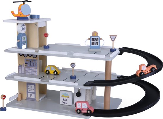 Bandits & Angels Houten Speelgoedgarage Parking Car Wash met 3 Verdiepingen, Lift en Wasstraat - Inclusief Auto's - Speelgoed Auto Garage Hout - Grijs van Bandits & Angels