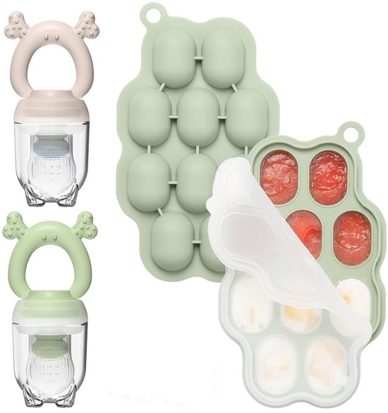 Bangosa - Baby Fruitspeen met Ijsblokjesvorm - Sabbelzakje met bijtring - Babyhapjes bewaarbakjes - siliconen Fopspeen – 2 stuks van Bangosa