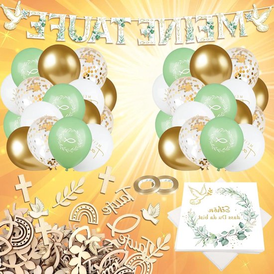 Baptism Decoration for Boys and Girls, 125-Piece Set with My Baptism Garland, 24 Balloons, 40 Napkins, Wooden Confetti and Ribbons for Table Decoration