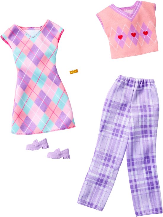 Barbie 2-Pack Kleding Outfit en Accessoires - Ruitjes Jurk met Paarse Schoenen, broek en shirt