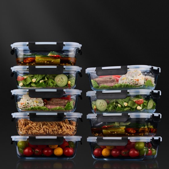 BARDI 10 Delige Glazen Meal Prep Bakjes + 10 Wonderspons - Glazen Vershoudbakjes - Luchtdicht - BPA-vrij - 1060ML + 370ML - Zwarte Clips van BARDI