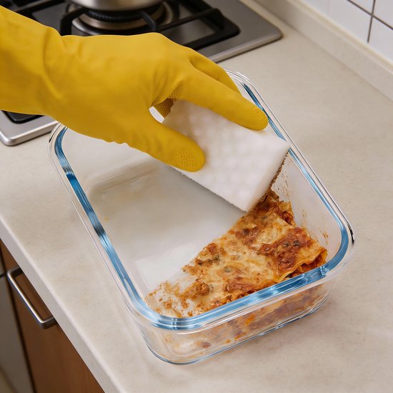 BARDI 5 Delige Glazen Meal Prep Bakjes Inclusief 10 Stuks Wonderspons - Glazen Vershoudbakjes - Glazen Opbergbakken - Diepvriesbakken - Luchtdicht - BPA Vrij - 1060ML - Glas - Zwarte Clips van Merkloos