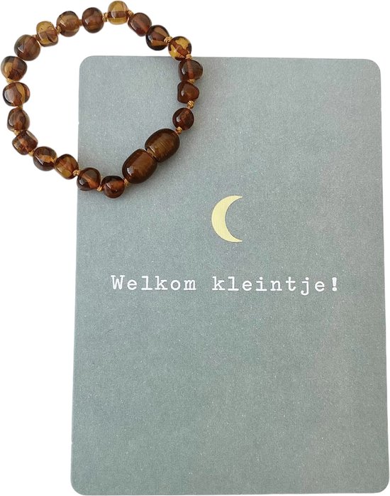 Barnsteen armbandje 13 cm met kaartje 'Welkom kleintje' - Kraamcadeautje - Kraamcadeau tip - Baby cadeau - New born - Barnsteen voor baby's van Lucardi