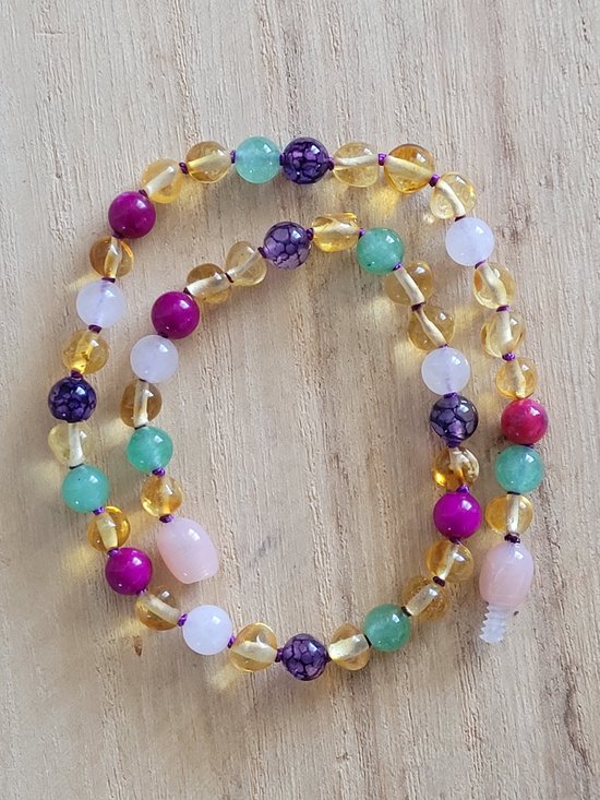 Barnsteen Kinderketting, Baltische amber, lemon, amethist, aventurijn, rozenkwarts, jade, roze draaisluiting, 31cm, babyketting, peuterketting, kraamcadeau, handgemaakt, barokkraaltjes, lichtgewicht