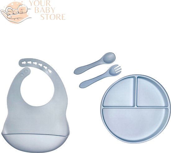 Basic BabyHap set - 3 delig bord - bestek - slab met opvangbakje - Babyblauw - siliconen - YOURBABYSTORE van Basi
