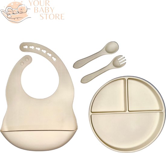Basic BabyHap set - 3 delig bord - bestek - slab met opvangbakje - Beige - siliconen - YOURBABYSTORE van Basi