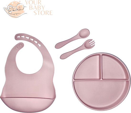 Basic BabyHap set - 3 delig bord - bestek - slab met opvangbakje - Roze - siliconen - YOURBABYSTORE van Basi