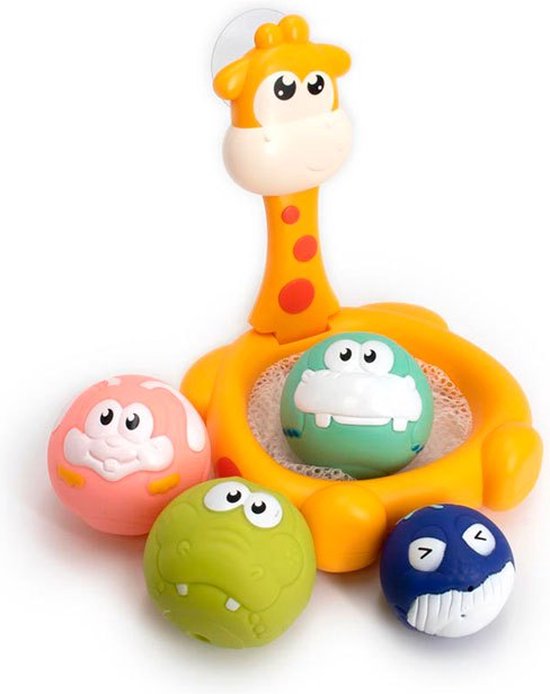 Basketbalspel voor in (Zwem) Bad - Tachan - Giraffe - Spel met Zuignappen en 4 Squeeze Ballen - Basketbal Werpspel met Netje - Ook voor Zwembad van Tachan