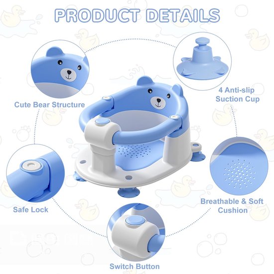 Bathtub Seat for Children from 6 Months, Non-Slip Bath Seat with 4 Suction Cups and Baby Pillow, Portable Shower Chair for Shower or Bath, Blue van Merkloos