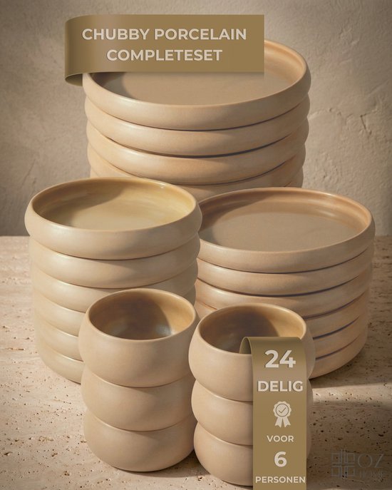 Bavary Chubby Serviesset 24-delig Porselein - Beige - 6 Personen - Mat buiten/Glanzend Binnen - Vaatwasser- & Magnetronbestendig