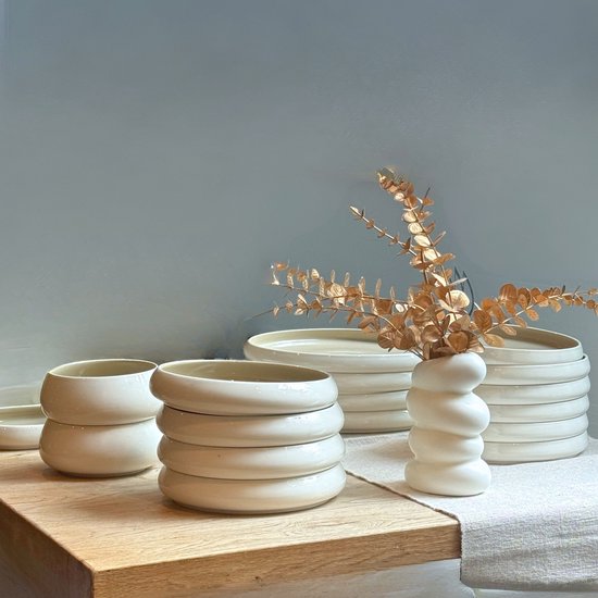 Bavary Chubby Serviesset 27-Delig - Porselein - Wit-Taupe - 6-Persoons - Vaatwasser & Magnetronbestendig - Tweekleurig - Gekleurd Serviesset