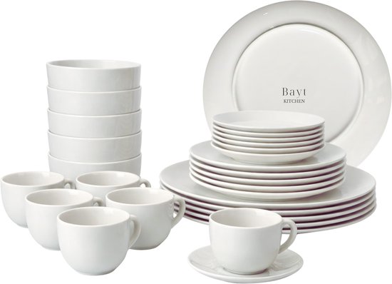 Bayt Kitchen Serviesset - Servies 6 Persoons - Servies - Bordenset - Serviesset 30 delig - Kommen- Schaaltjes - Porselein - Wit