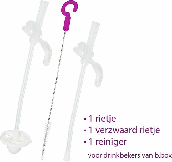 b.box Set Siliconen Rietjes voor Drinkbeker - Bestaat uit 1 Reserverietje, 1 Verzwaard Reserverietje, 1 Reinigingsborstel - Past op Drinkflessen van b.box van b.box
