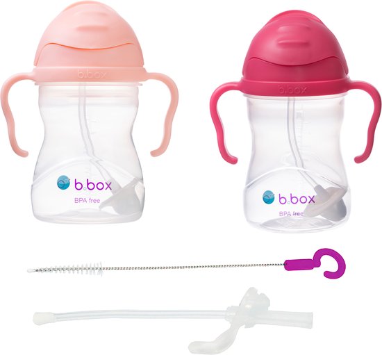 b.box Sippy Cup Twin Pack + Vervangend Rietje + Reiniger - Rietjesbeker antilek - Drink vanuit elke hoek - Fliptop, verzwaard rietje, lekvrij en makkelijk vast te grijpen - BPA-vrij, vaatwasserbestendig - Van 6m+ - 240ml - 2stuck Waardepakket van Merkloos