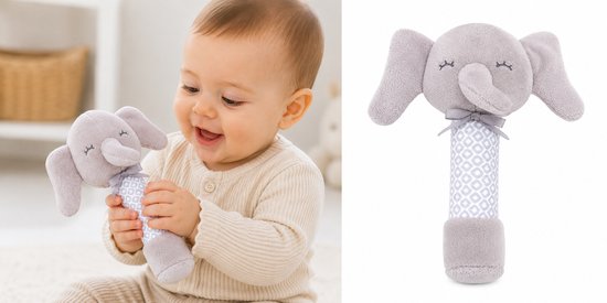 BBSKY – Baby Rammelaar Olifantje – Zachte Pluche Rammelaar met Belletje, Piepgeluid & Knisperoortjes – Baby Speelgoed Vanaf 3 Maanden – CE Gecertificeerd