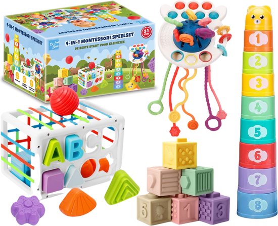 Be Sure Store® 4 in 1 Montessori Speelset - Montessori Speelgoed - Speelgoed - Baby Speelgoed - Baby Speelgoed 6 maanden - Educatief Speelgoed -Speelgoed 1 Jaar - Kinderspeelgoed - Stapeltoren - Activiteitenset