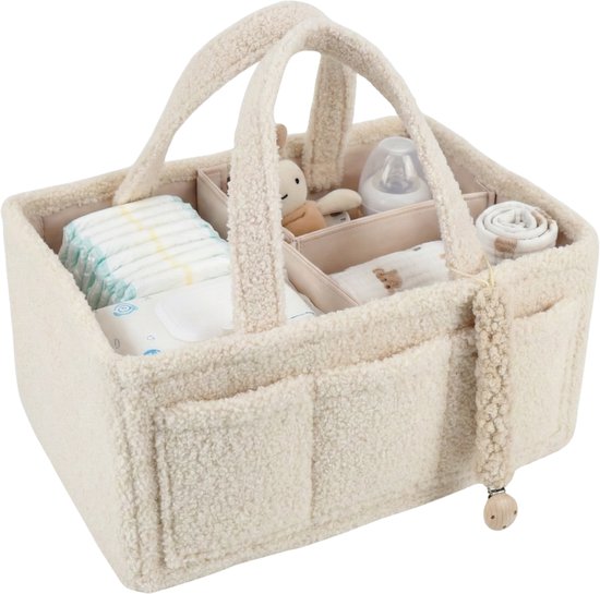Be Sure Store® Teddy Luiertas Beige met Teddy Speenkoord - Luiertas - Kraamcadeau - Teddy Tas - Baby Organizer - Speenkoord - Teddy - Opbergmand - Verzorgingstas