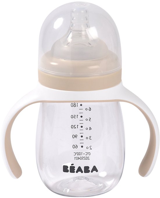 Béaba 2-in-1 Glazen Meegroeifles - Glazen Babyfles met Siliconen Hoes & Handgrepen - Lekvrij & Duurzaam - BPA-vrij - Met Speen & Siliconen Tuit - 210ml - Clay