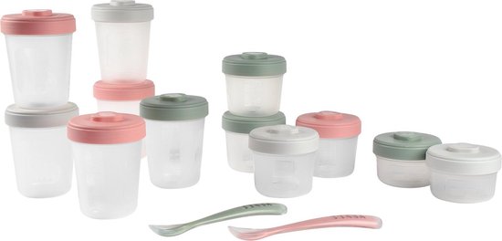 Béaba - Bewaarpotjes Set - Babyvoeding bewaarbakjes - Inclusief 2 Lepels - Groen/Roze - BPA-vrij - 12 Stuks (2x90ml, 4x150ml, 6x250ml) van Beaba