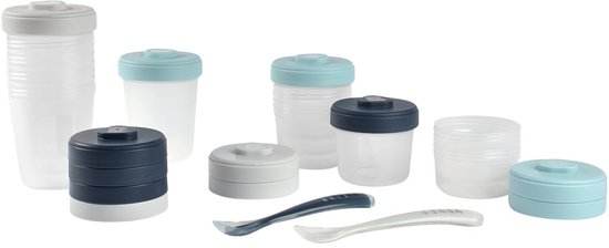 Béaba - Bewaarpotjes - Set van 12 - 2x90ml, 4x150ml, 6x250ml + 2 Siliconen Lepels - Hermetisch - Magnetron - Blauw/Grijs - BPA-vrij van Beaba