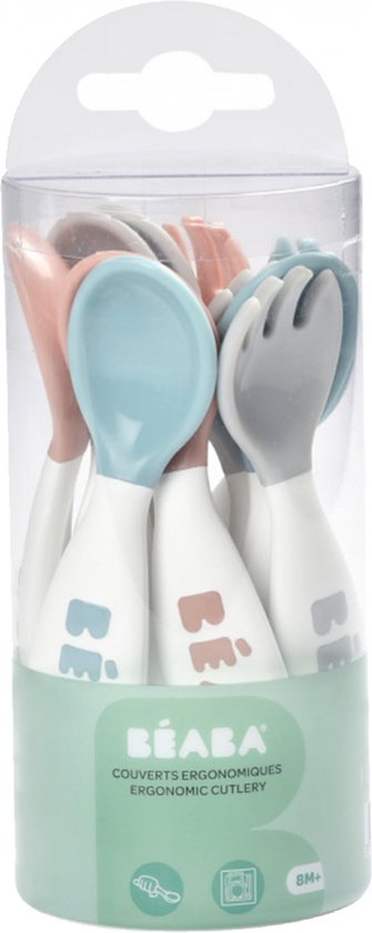 Béaba - Ergonomisch bestekset - 10 stuks (4 vorken en 6 lepels) - Vanaf 8 maanden - Roze/blauw/grijs van BEABA