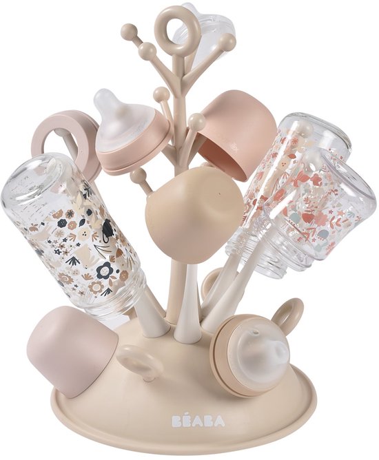 Béaba Flessendroogrek Boom – Hygiënisch Afdruiprek voor Zuigflessen met Wateropvangsysteem – Flessenrek Voor 6 Baby Flessen & Accessoires – Clay/Ecru