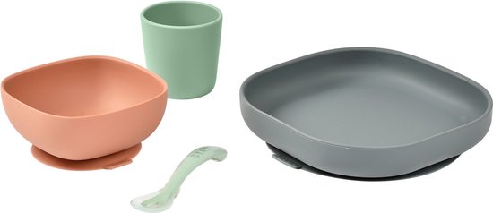 Béaba - Silicone maaltijdset - Kinderservies - 4-delig - Groen/terracotta/grijs van BEABA