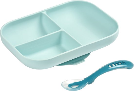 Béaba - Siliconen eetset - Kinderservies - Bord en lepel - Blauw van Beaba