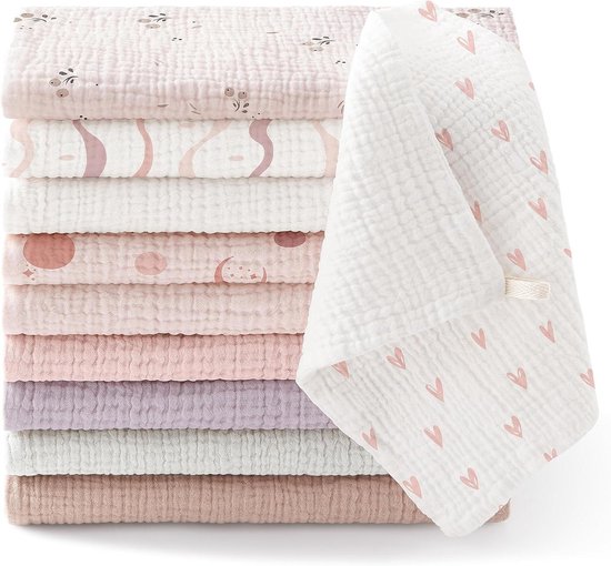 Bearmoss Pack of 10 Muslin Baby Washcloths, Molton Cloths, 100% Cotton, Soft Burp Cloths for Babies, Breathable and Extremely Absorbent, Muslin Cloth for Absorbent, 25 x 25 cm (Pink-Purple)