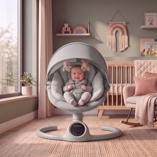 BEBE2LUXE Alpha: Elektrische babyschommel / babywipstoel, LED-touchscreen, afstandsbediening, Bluetooth, 5-punts veiligheidsgordel, tot 9 kg (grijs)