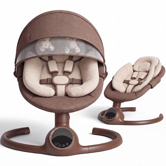 BEBE2LUXE ALPHA Elektrische Babyschommel en Wipstoel, Bluetooth-compatibel, draagbare rustgevende babystoel met schommelbewegingen en ingebouwde geluiden (bruin)