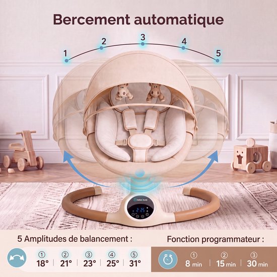 BEBE2LUXE ALPHA Elektrische Babyschommel en Wipstoel, Bluetooth-compatibel, draagbare rustgevende babystoel met schommelbewegingen en ingebouwde geluiden